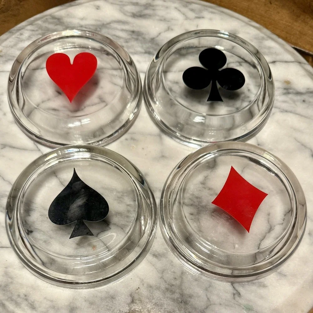 Vintage‎ SETof4 Cards Heart Diamond Club Spade Glass Coasters Poker MCM Nut Dish